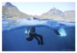 A freediver prepares to dive off Cape Town, with Lion's H... by Roger Horrocks 